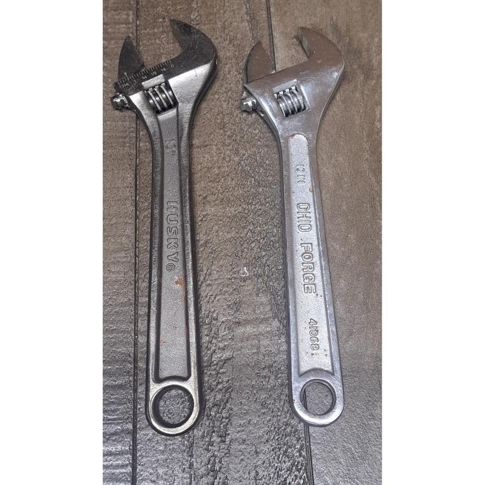 Lot of 2 Adjustable Wrenches 10" Husky & Ohio Forge Heavy Duty Hand Tools